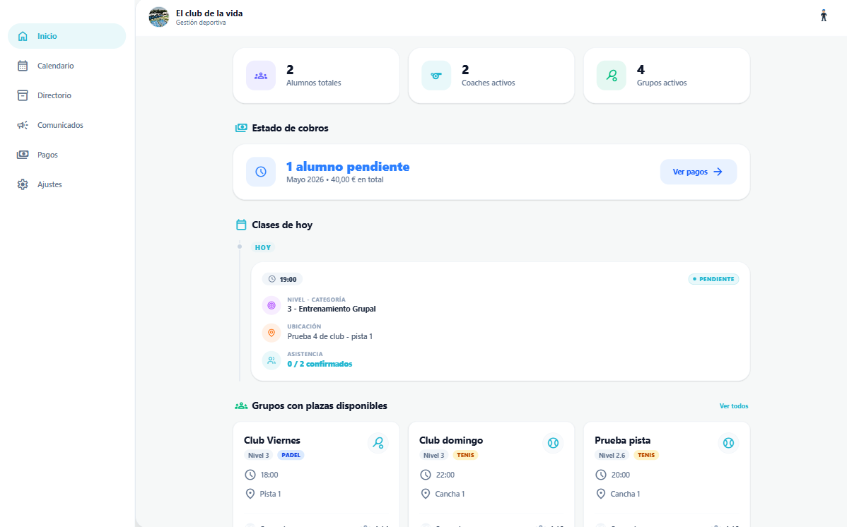 Panel de gestión del club en RootCoach